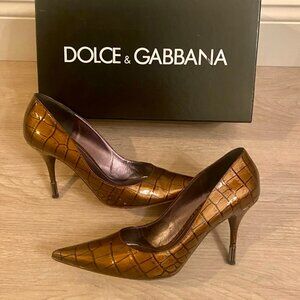 DOLCE & GABANNA Bronze Patent Crocodile Leather Heels - EU 39